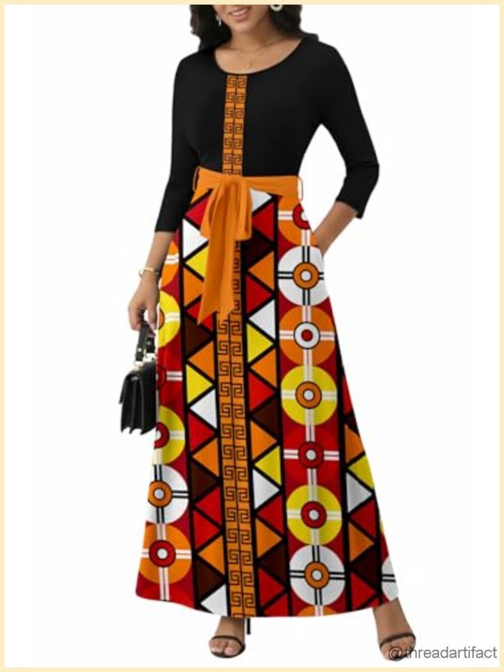 African Print Empire Waist Maxi Dress with Belt and Pockets